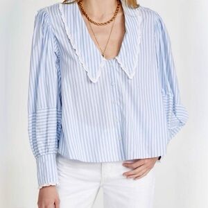 Free People Bexley Stripe Bohemian English Cottagecore Top Blue Cotton Blouse S